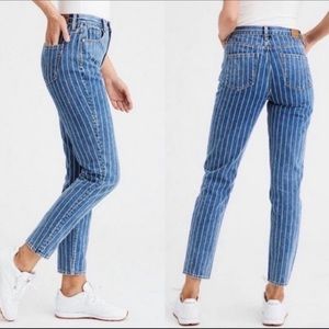AMERICAN EAGLE Blue & White Striped High Rise Mom Jeans